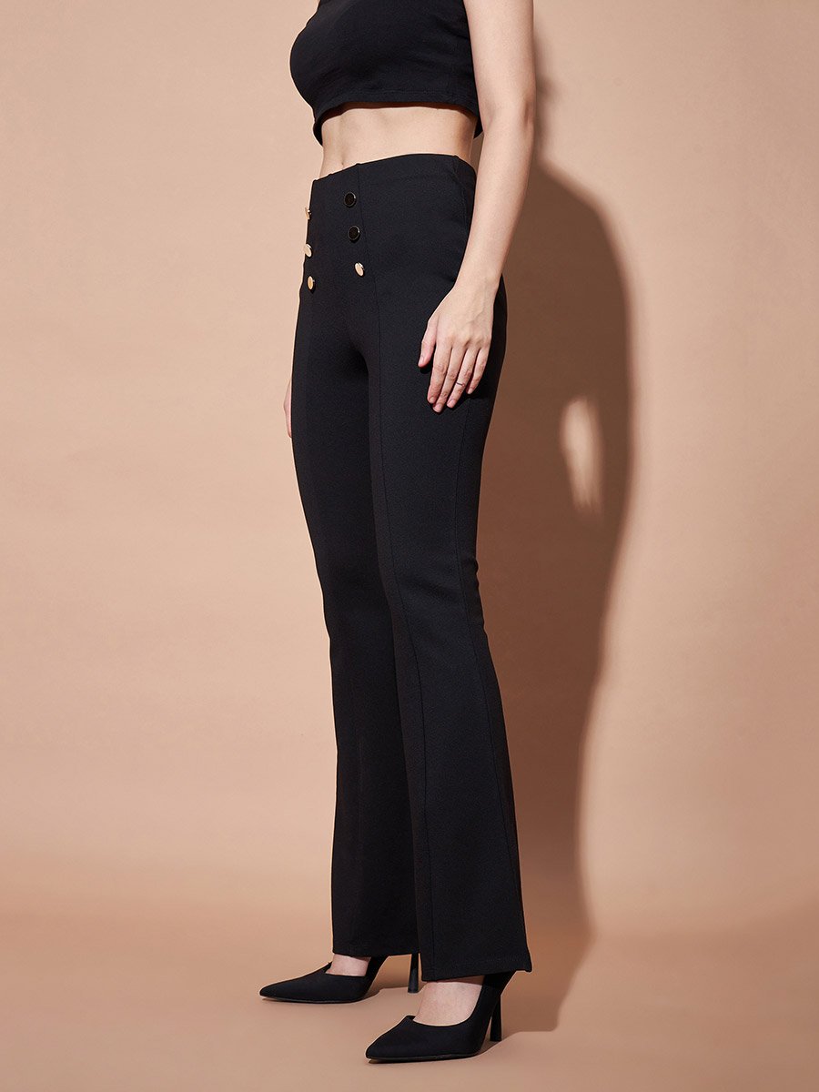High Rise Gold Show Button Detail Flare Pants