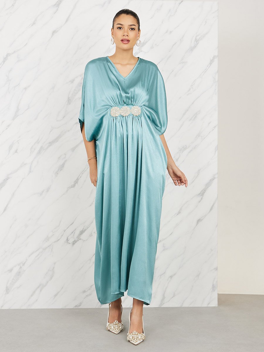 Satin Embellished Waist Kaftan Maxi Dress