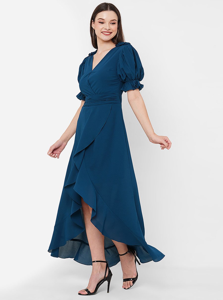 Ruffled Asymmetric Hem Puff Sleeves A-Line Dress For Women at Kuwait