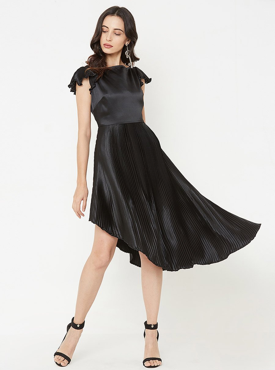 Boat Neck Accordion Pleat Style Asymmetric Midi Dress For Women at