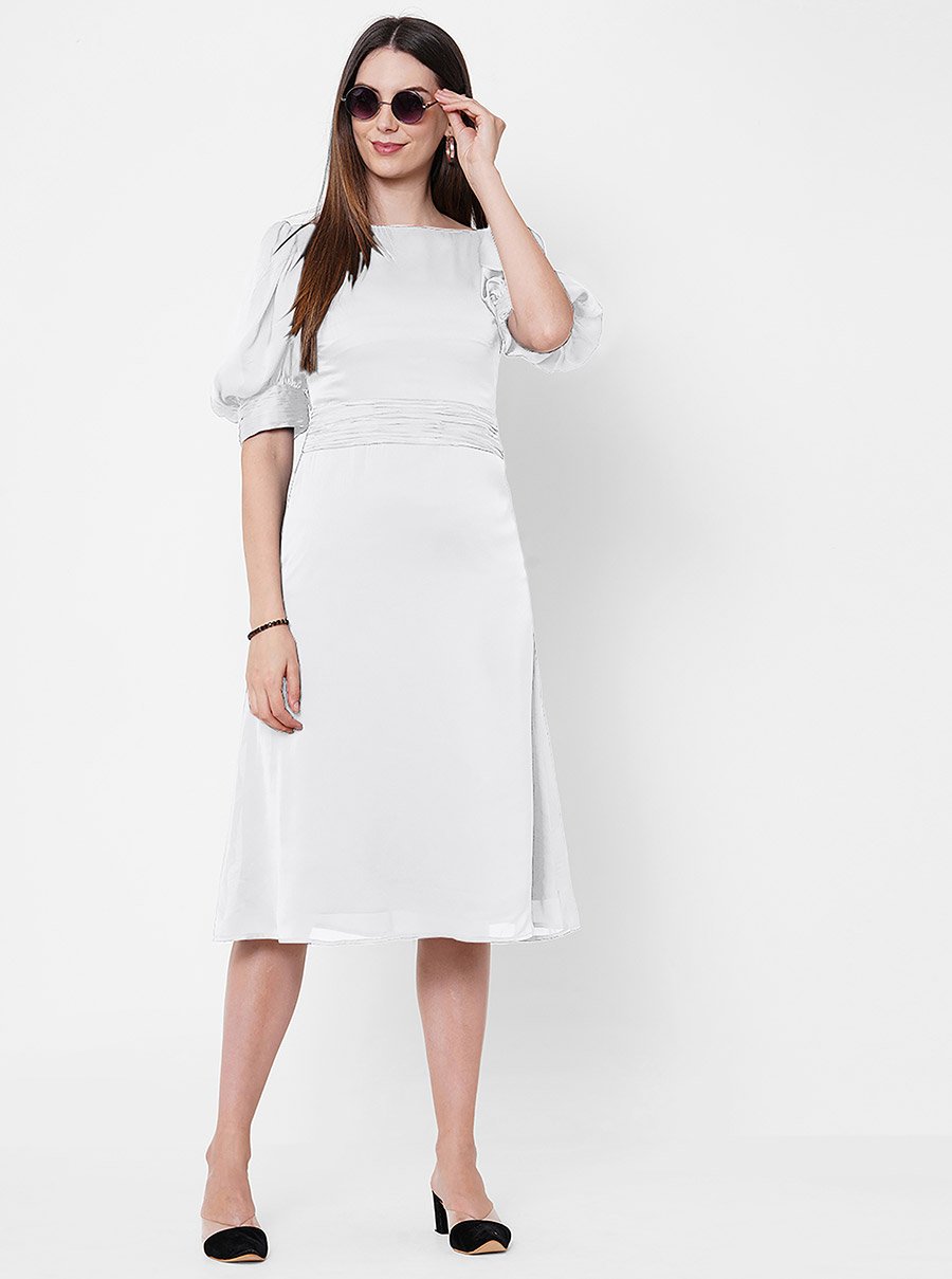 Boat Neck Chiffon Midi Dress with Puff Sleeve For Women at Saudi | Styli