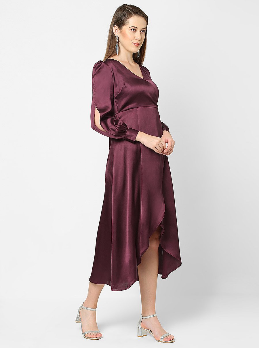 Satin Wrap Midi Dress with Puff Sleeve For Women at Saudi | Styli Satin Wrap Midi Dress with Puff Sleeve For Women at Saudi | Styli