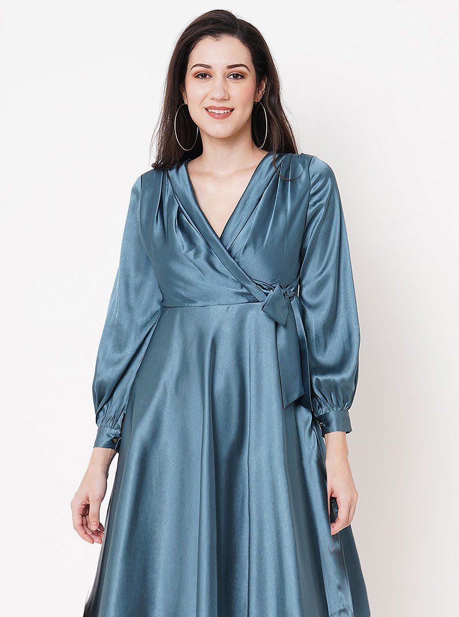 Satin Fit and Flare Layered Maxi Dress For Women at UAE | Styli