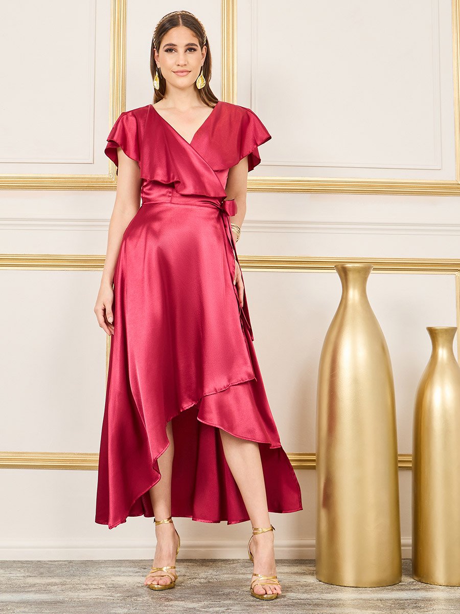 Cape Sleeves Asymmetric Hem Wrap Midi Dress For Women at Saudi | Styli
