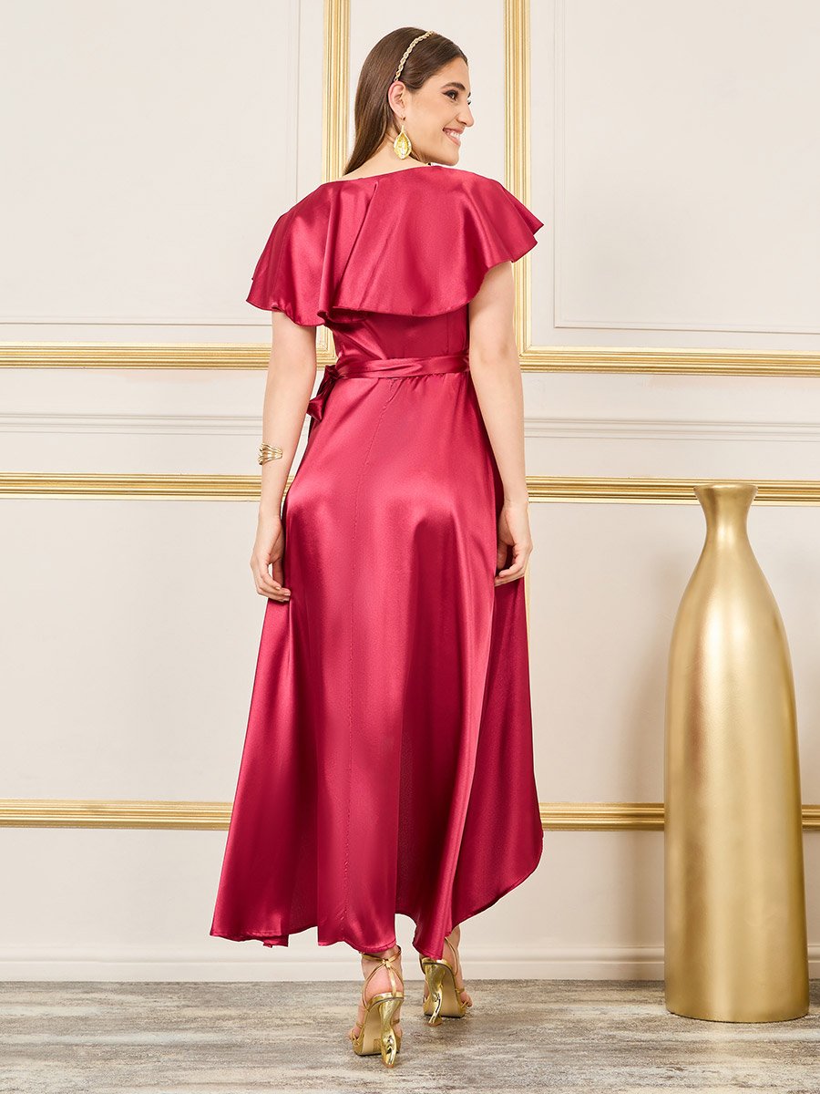 Cape Sleeves Asymmetric Hem Wrap Midi Dress