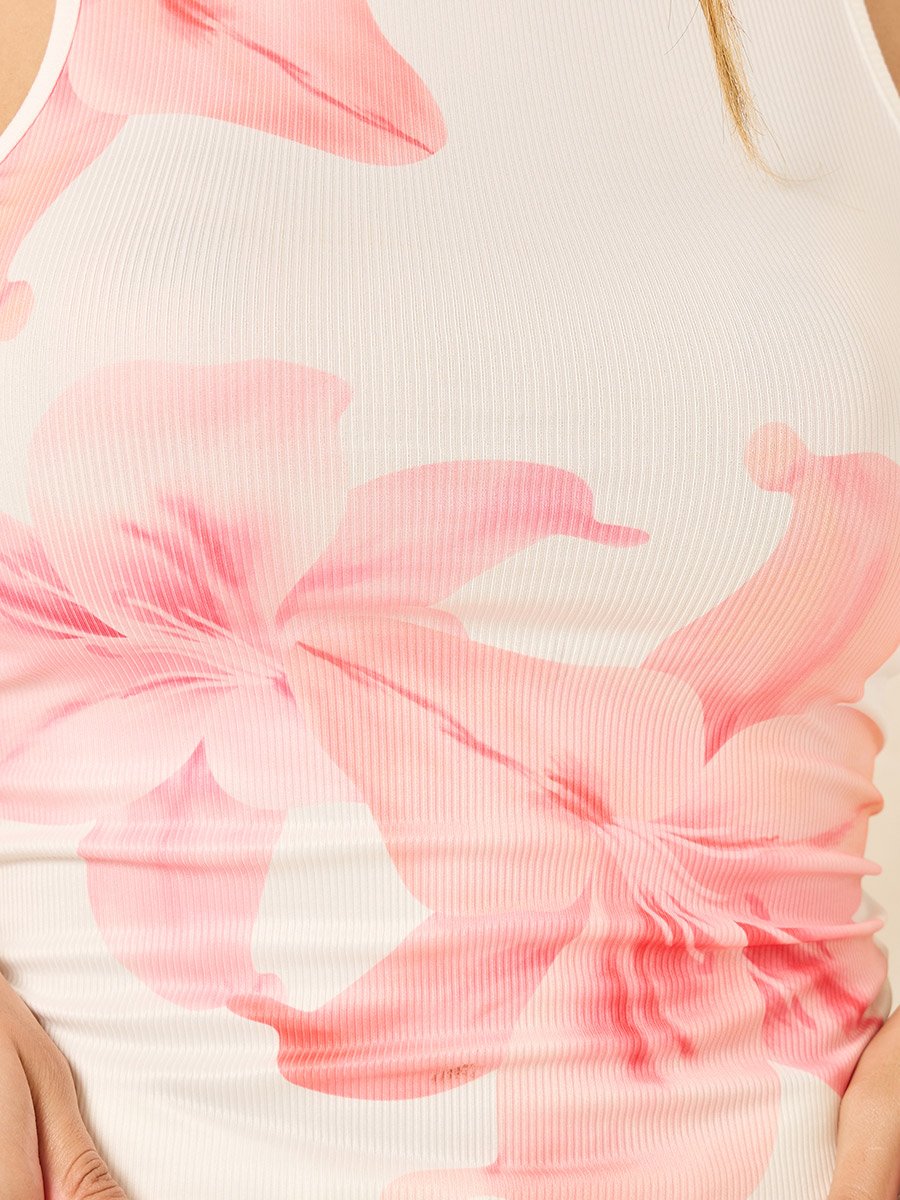 Ribbed Floral Graphic Print Crew Neck Fitted Tank