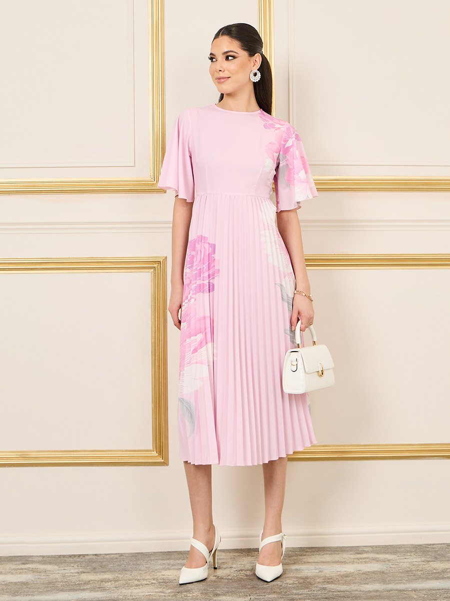 Floral Print Pleated A-Line Midi Dress