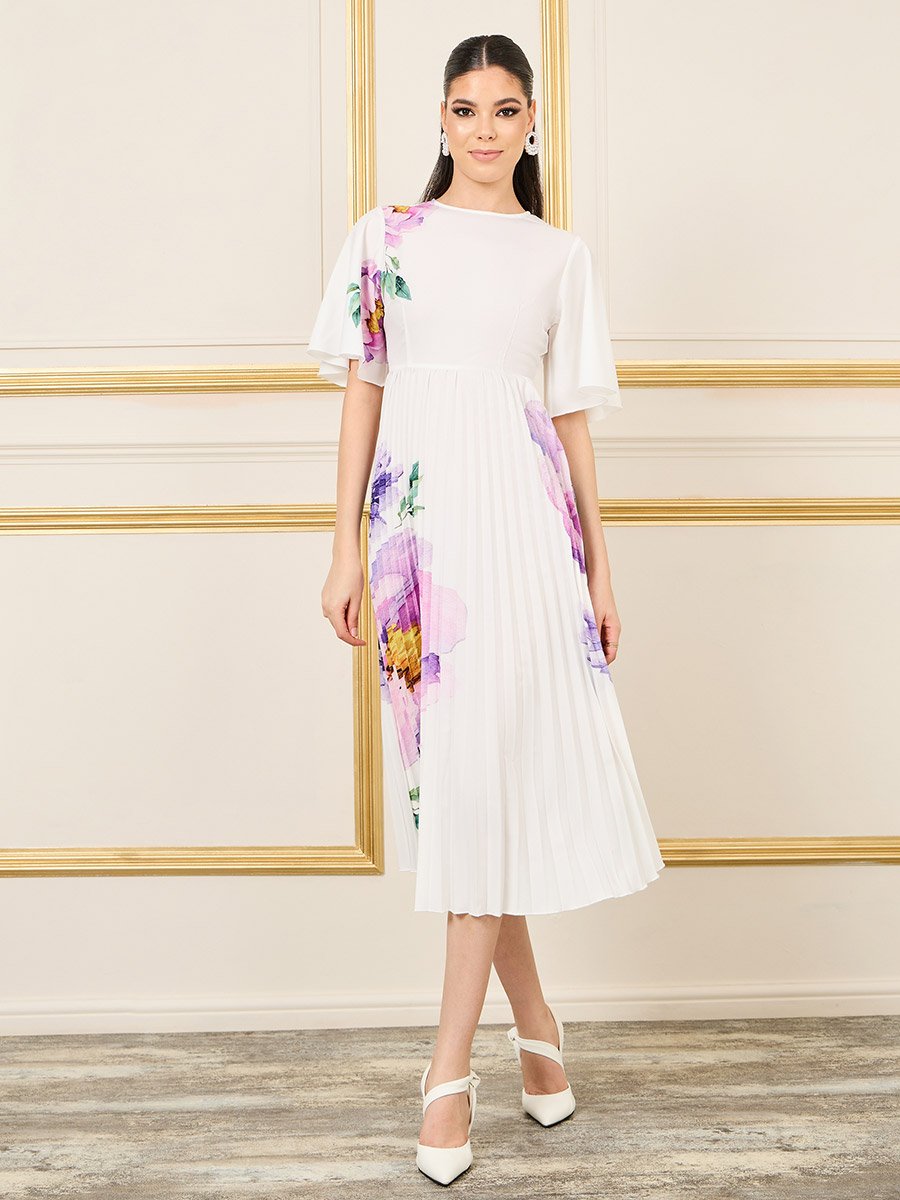 Floral Print Pleated A-Line Midi Dress