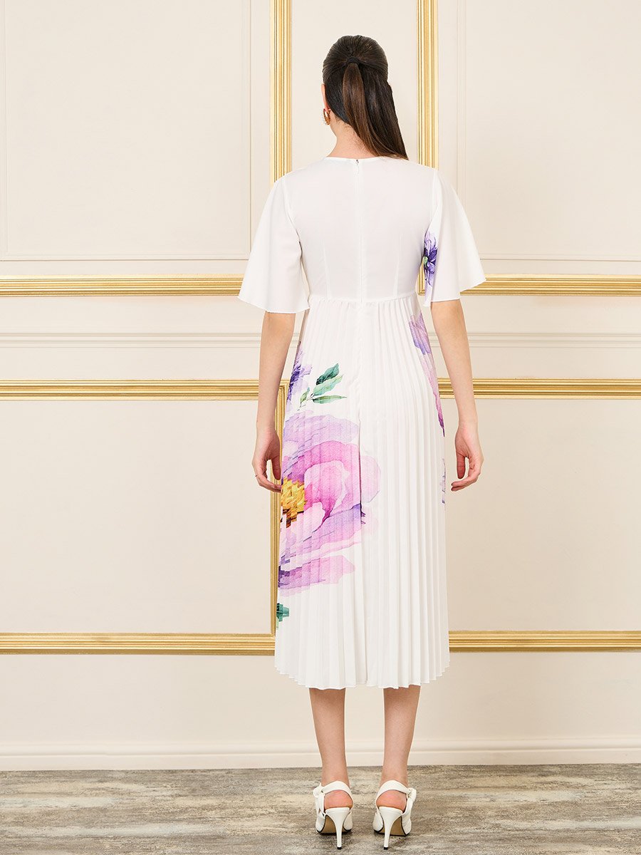 Floral Print Pleated A-Line Midi Dress