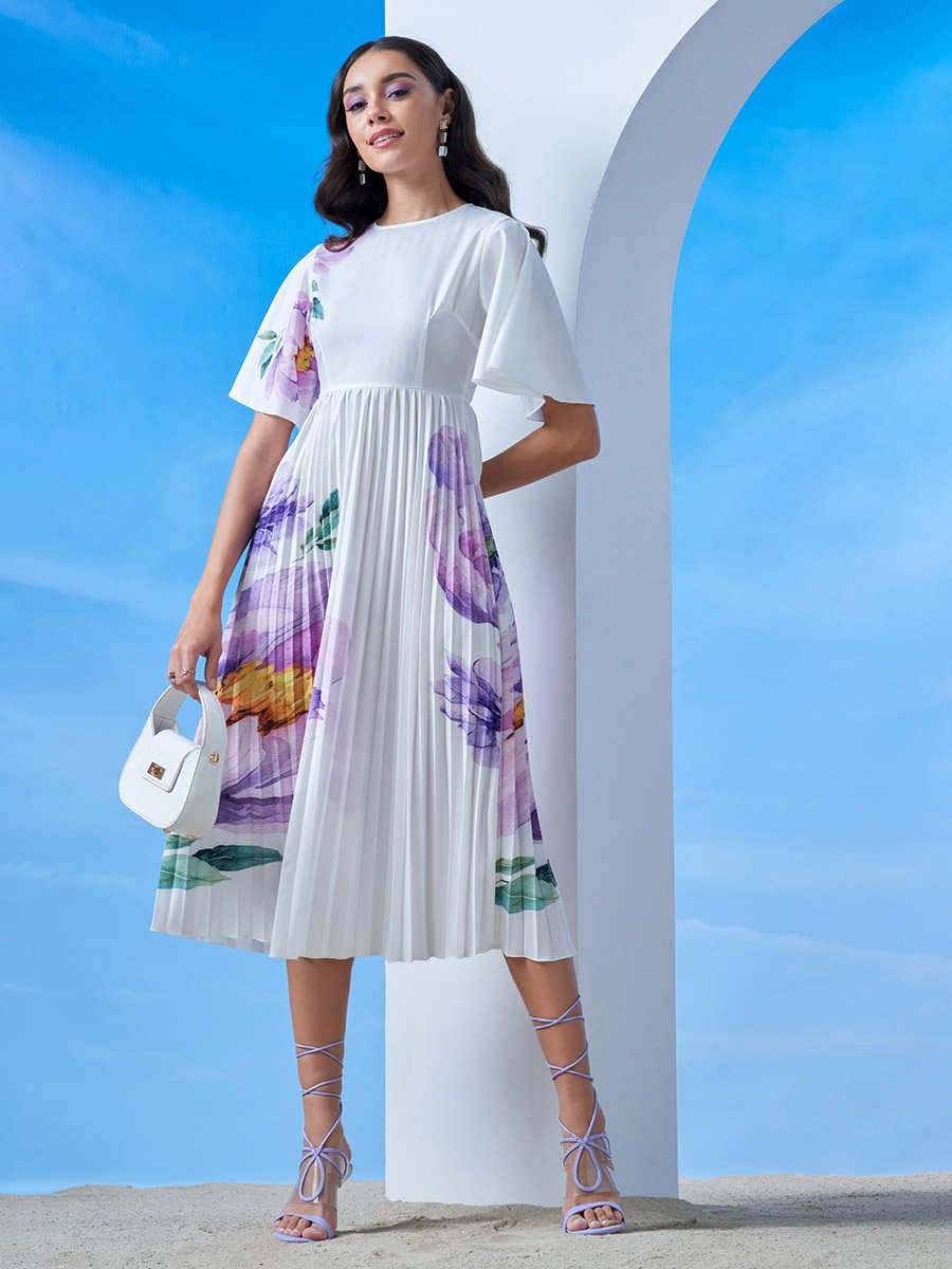 Floral Print Pleated A-Line Midi Dress