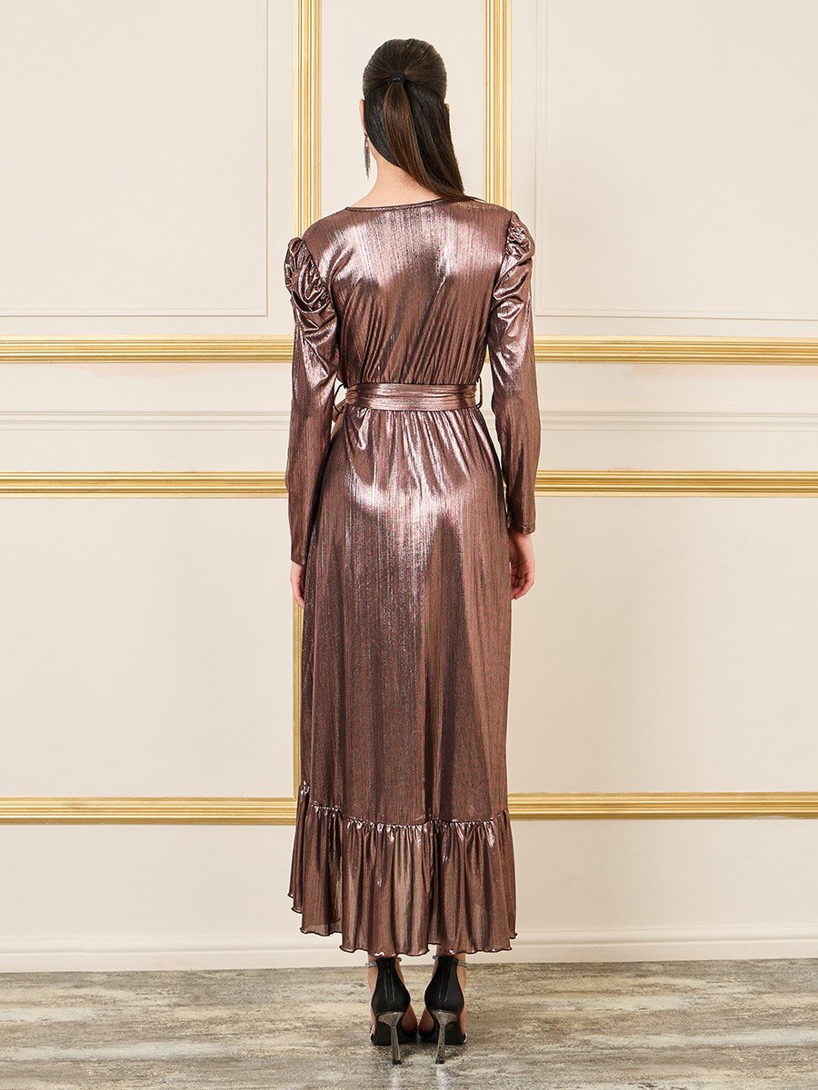 knee length dresses for ladies Aura Metallic Plunge Maxi Dress – PatBO