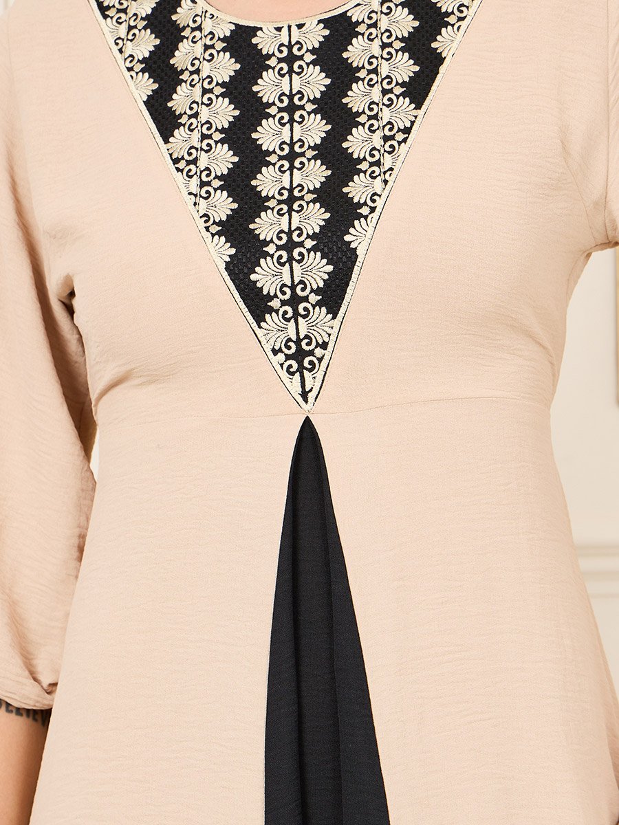 Embroidered Colorblock A-Line Midi Dress