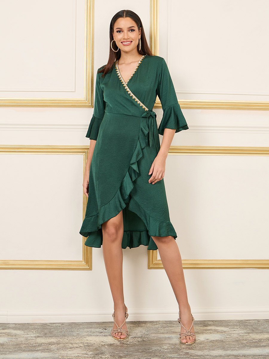 Embroidered Lace Trim Ruffle Hem Wrap Knee Length Dress For Women at UAE |  Styli