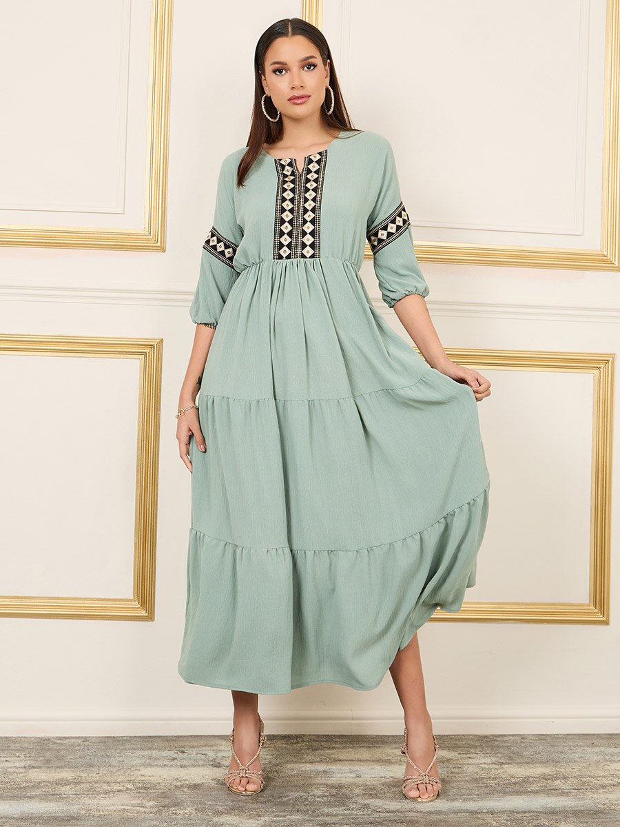 Embroidered 3/4 Sleeves Tiered Maxi Dress For Women at Saudi | Styli