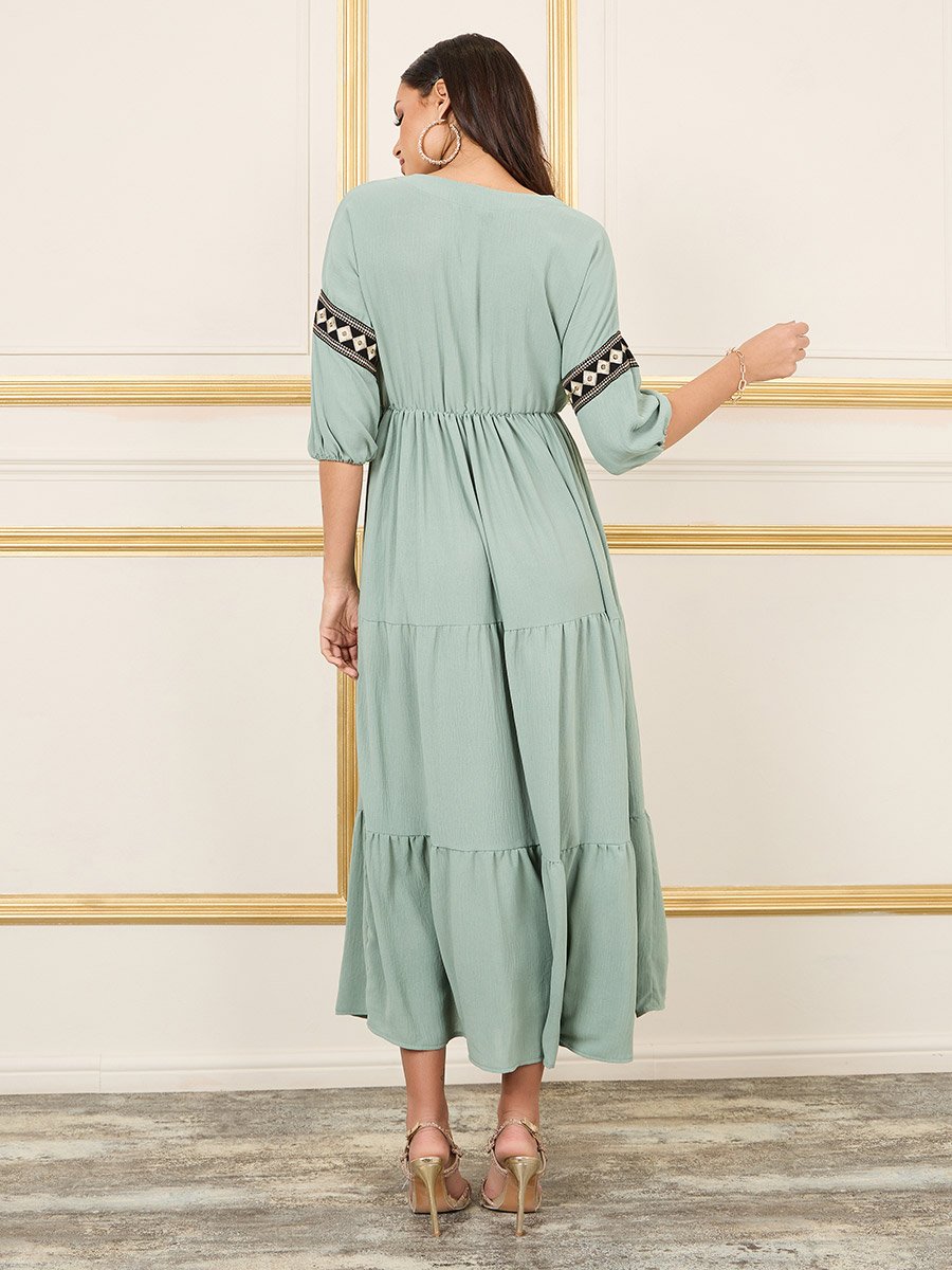 Embroidered 3/4 Sleeves Tiered Maxi Dress