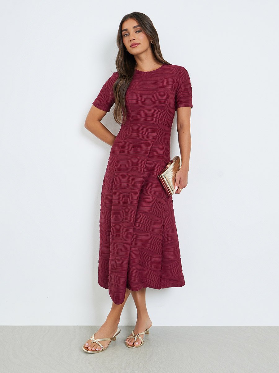 Women Maroon Textured A-Line Midi Dress