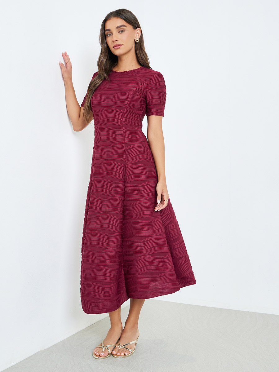 Women Maroon Textured A-Line Midi Dress
