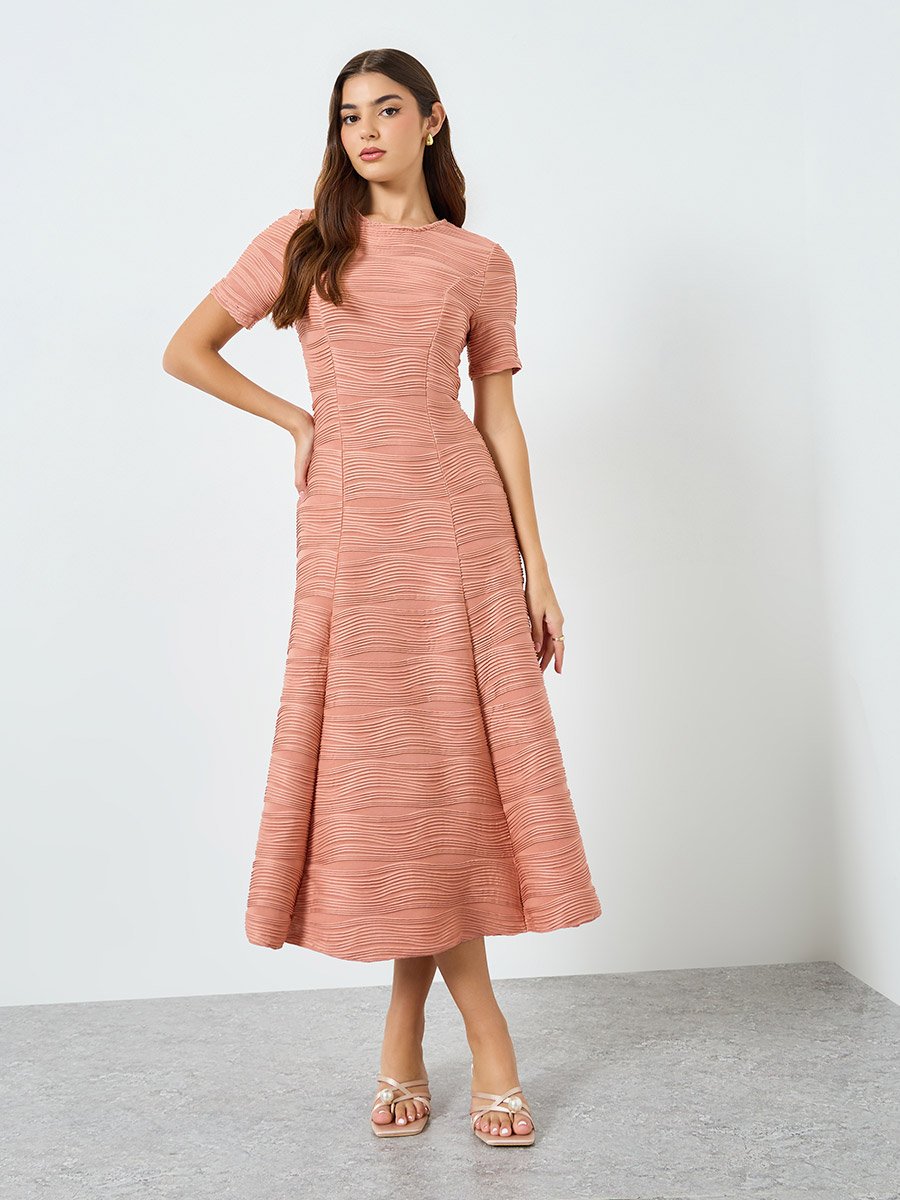 Textured A-Line Midi Dress with Box Pleat