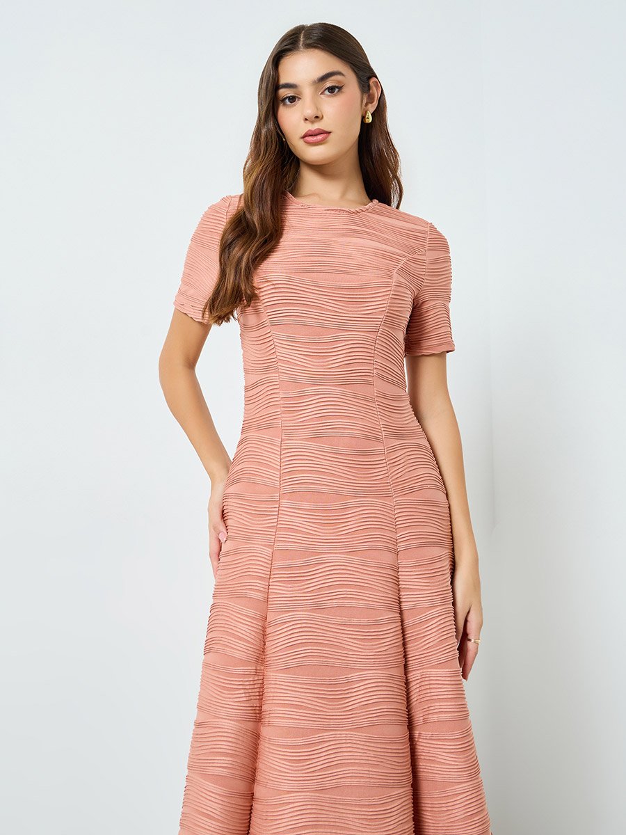 Textured A-Line Midi Dress with Box Pleat