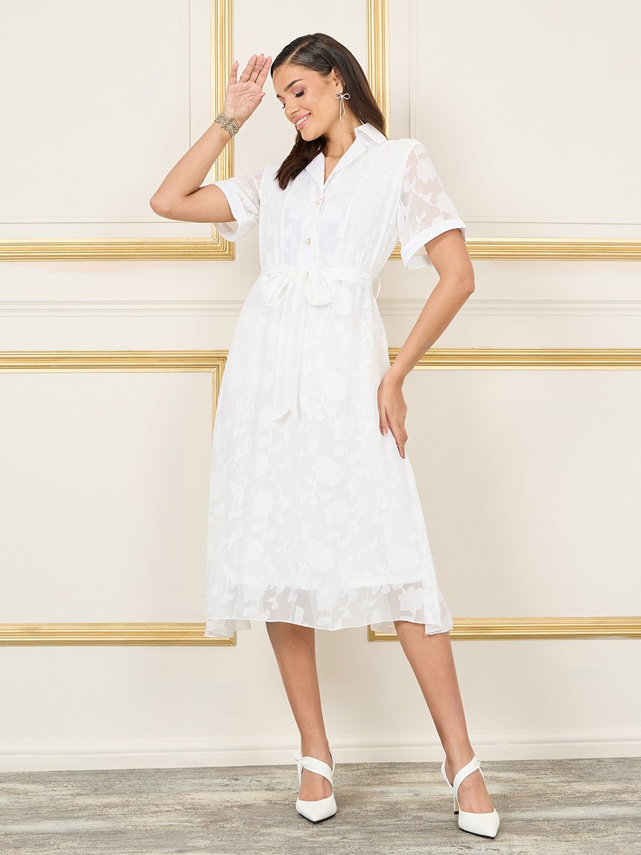Floral Texture Notch Neck A-Line Midi Dress with Self Tie Up
