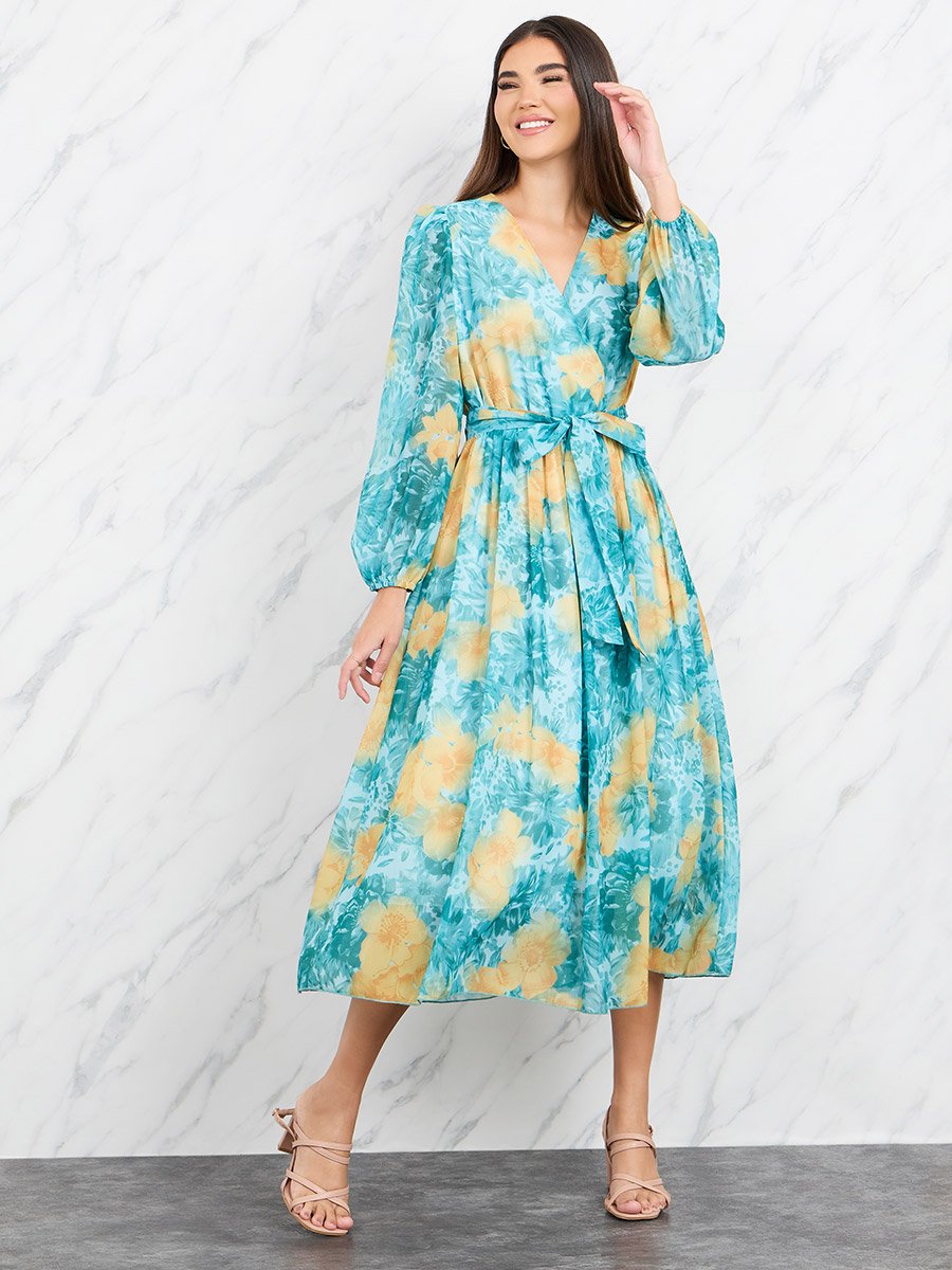 Floral Print V Neck Long Sleeve A Line Chiffon Maxi Dress For Women at  Saudi | Styli