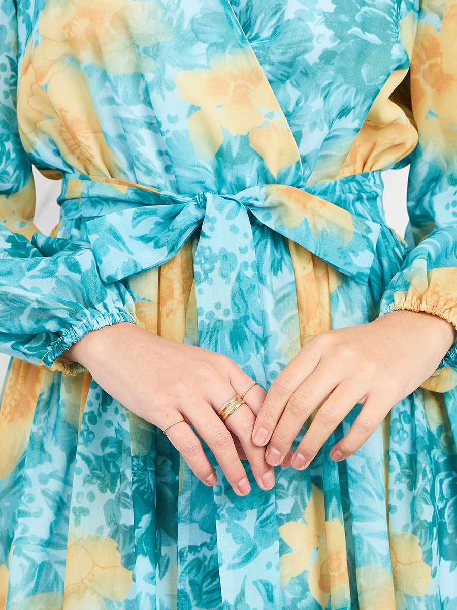 Floral Print V Neck Long Sleeve A Line Chiffon Maxi Dress For Women at  Saudi | Styli