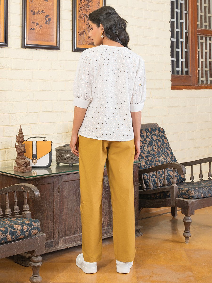 Broderie Detail V Neck Button Front Shirt and Pants Co-Ord