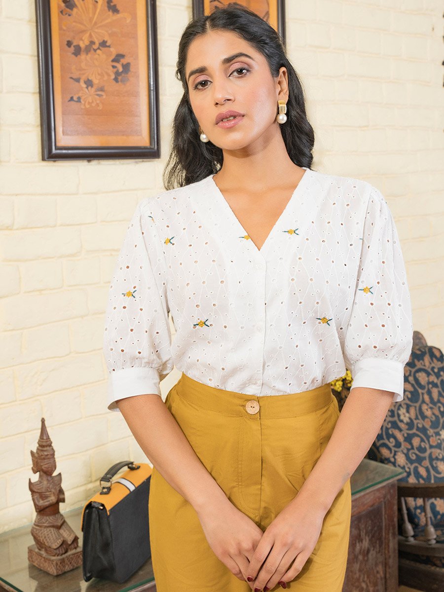 Broderie Detail V Neck Button Front Shirt and Pants Co-Ord