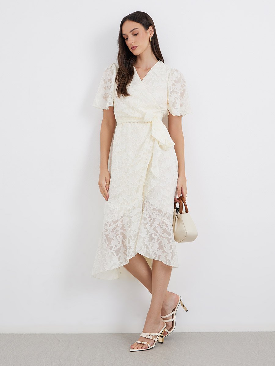 Floral Jacquard Detail Wrap Midi Dress