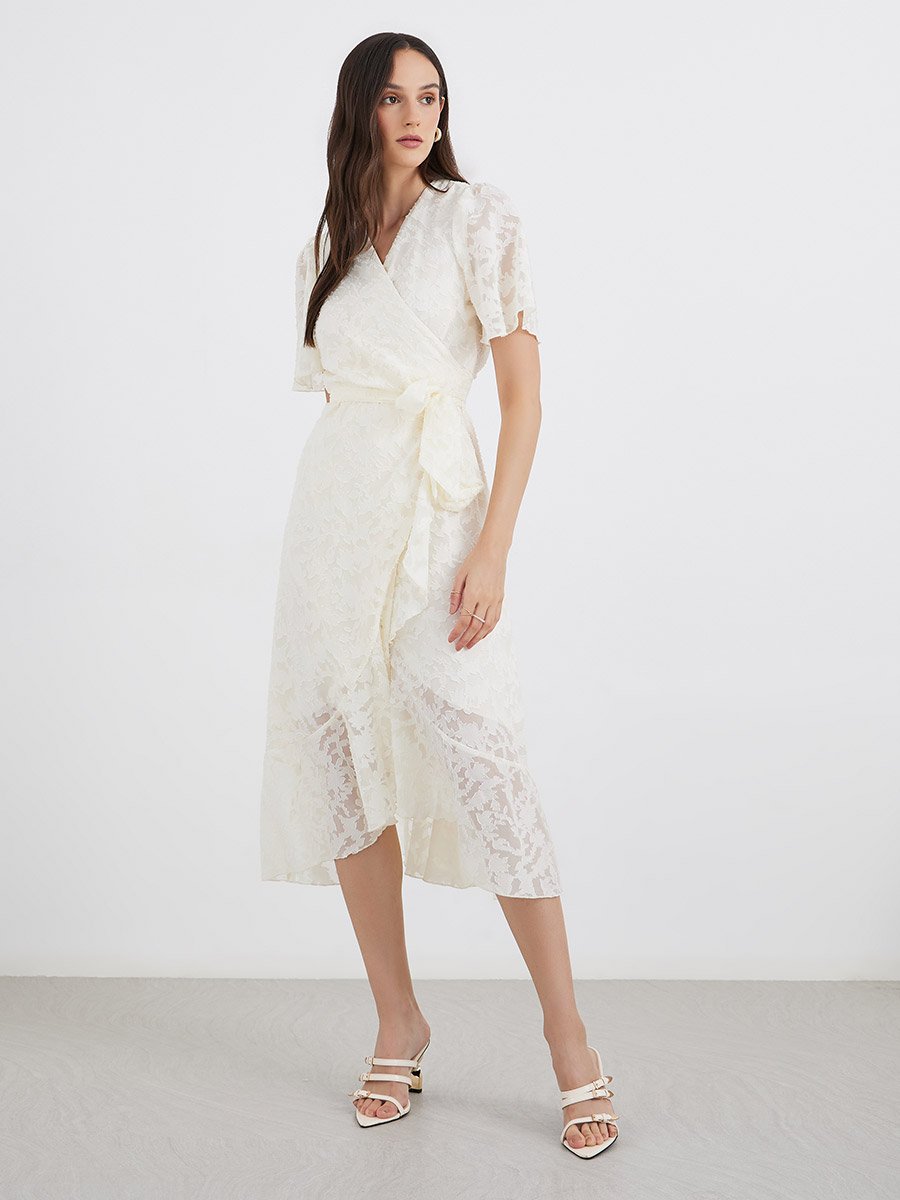 Floral Jacquard Detail Wrap Midi Dress