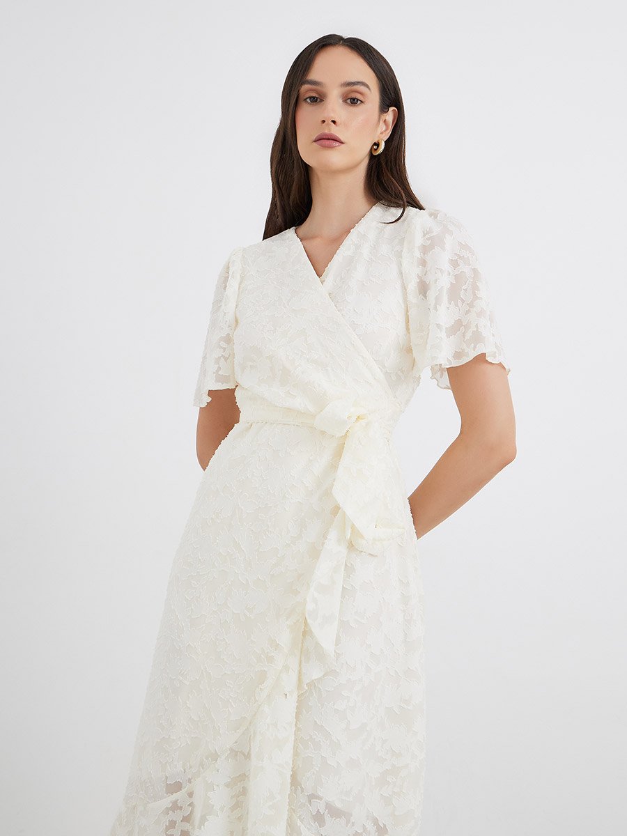 Floral Jacquard Detail Wrap Midi Dress