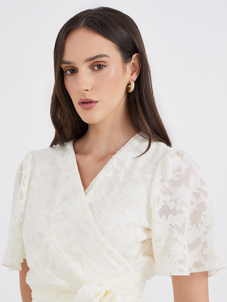 Floral Jacquard Detail Wrap Midi Dress