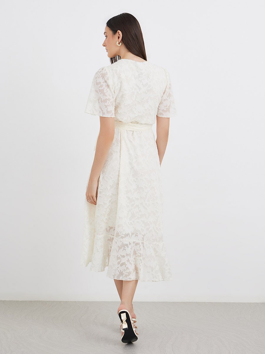 Floral Jacquard Detail Wrap Midi Dress