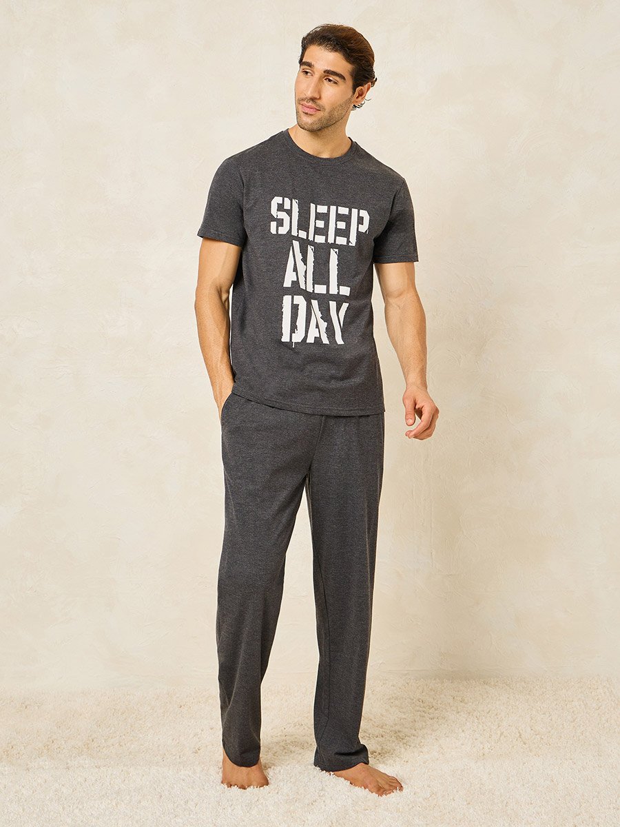 Slogan Print Crew Neck T-Shirt and Open Hem Pyjama Set
