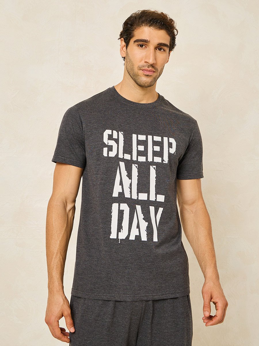 Slogan Print Crew Neck T-Shirt and Open Hem Pyjama Set
