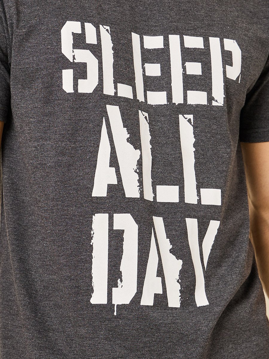 Slogan Print Crew Neck T-Shirt and Open Hem Pyjama Set