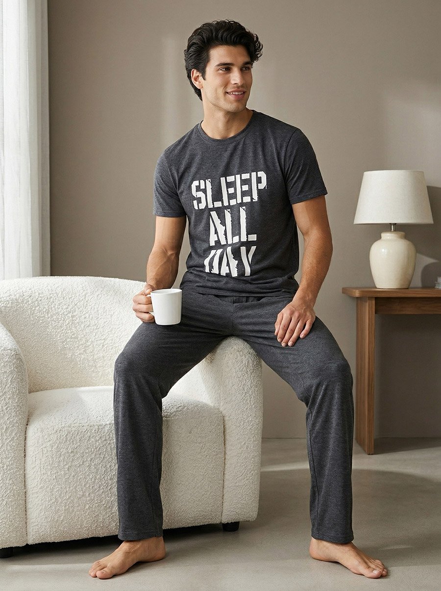 Slogan Print Crew Neck T-Shirt and Open Hem Pyjama Set