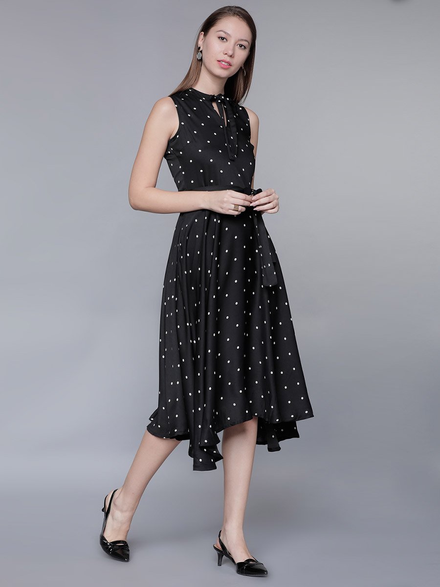 Polka Dot Print Fit and Flare Midi Dress