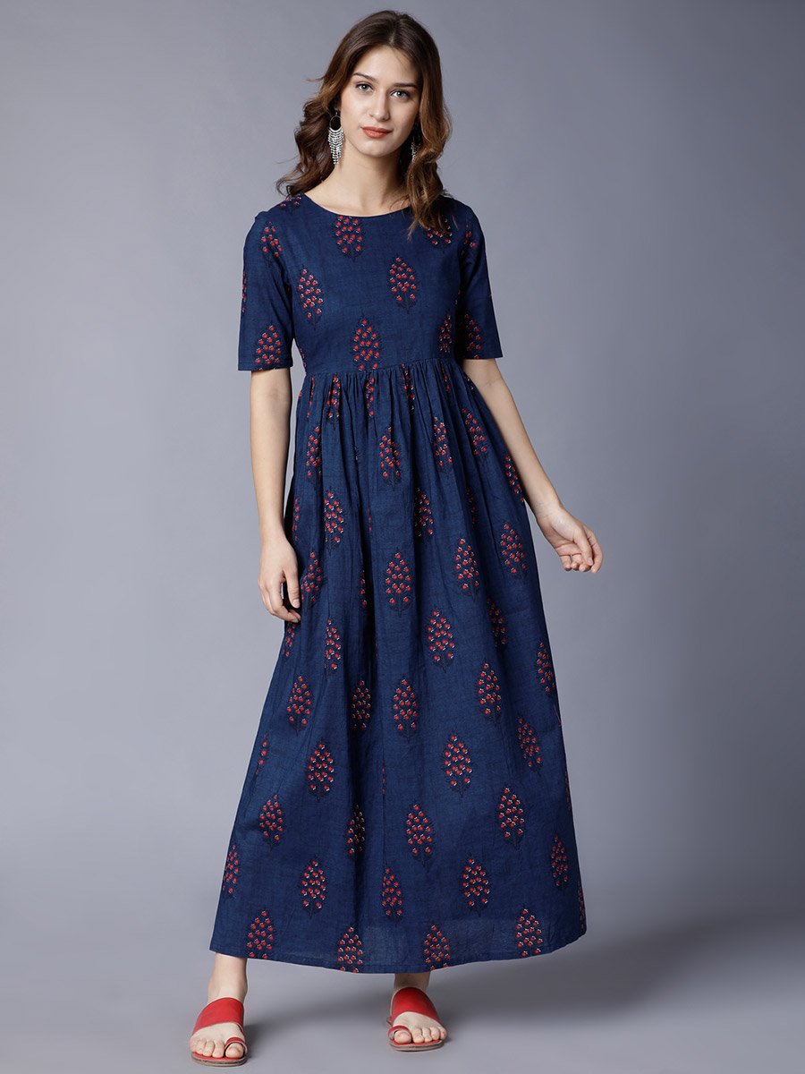 Floral Print Cotton A-Line Maxi Dress For Women at Saudi