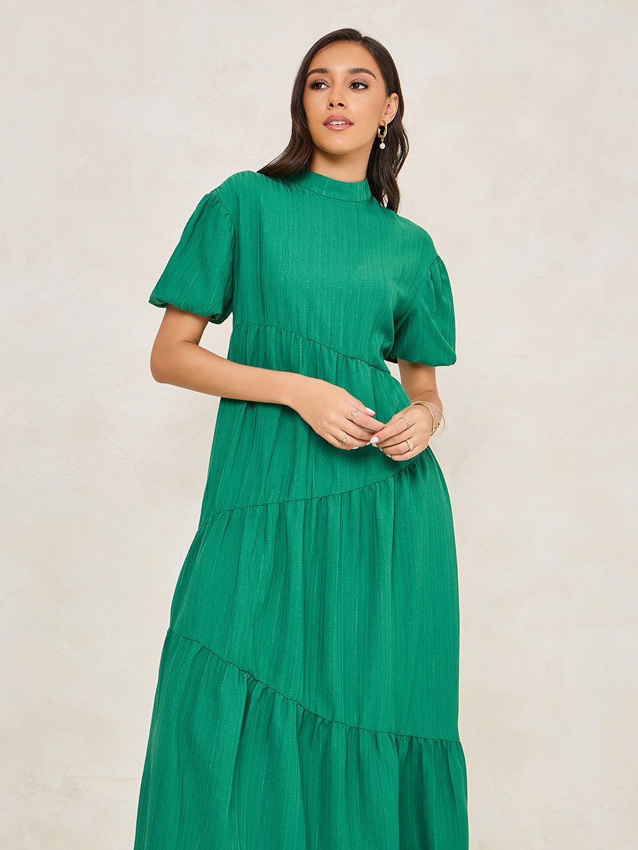Textured High Neck Tiered Maxi Dress For Women at Kuwait | Styli
