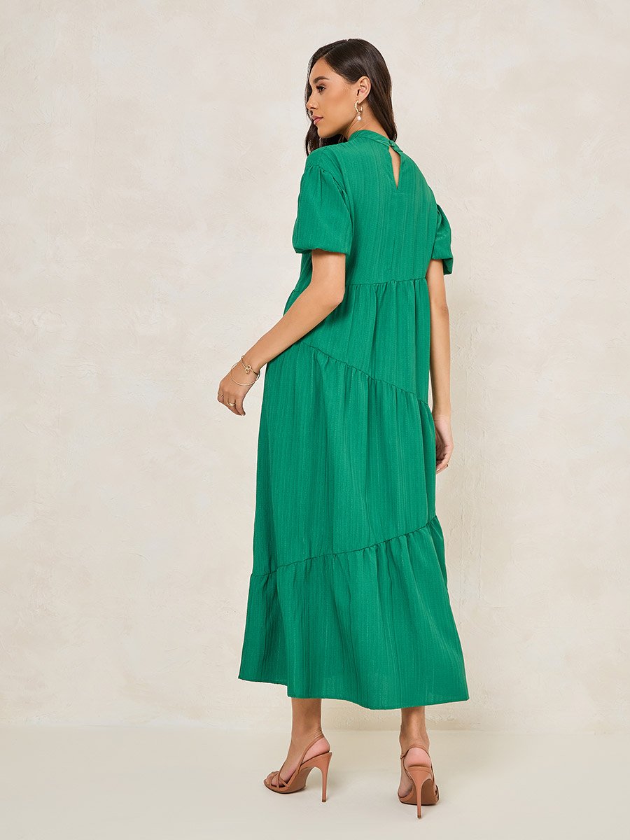 Textured High Neck Tiered Maxi Dress For Women at Kuwait | Styli