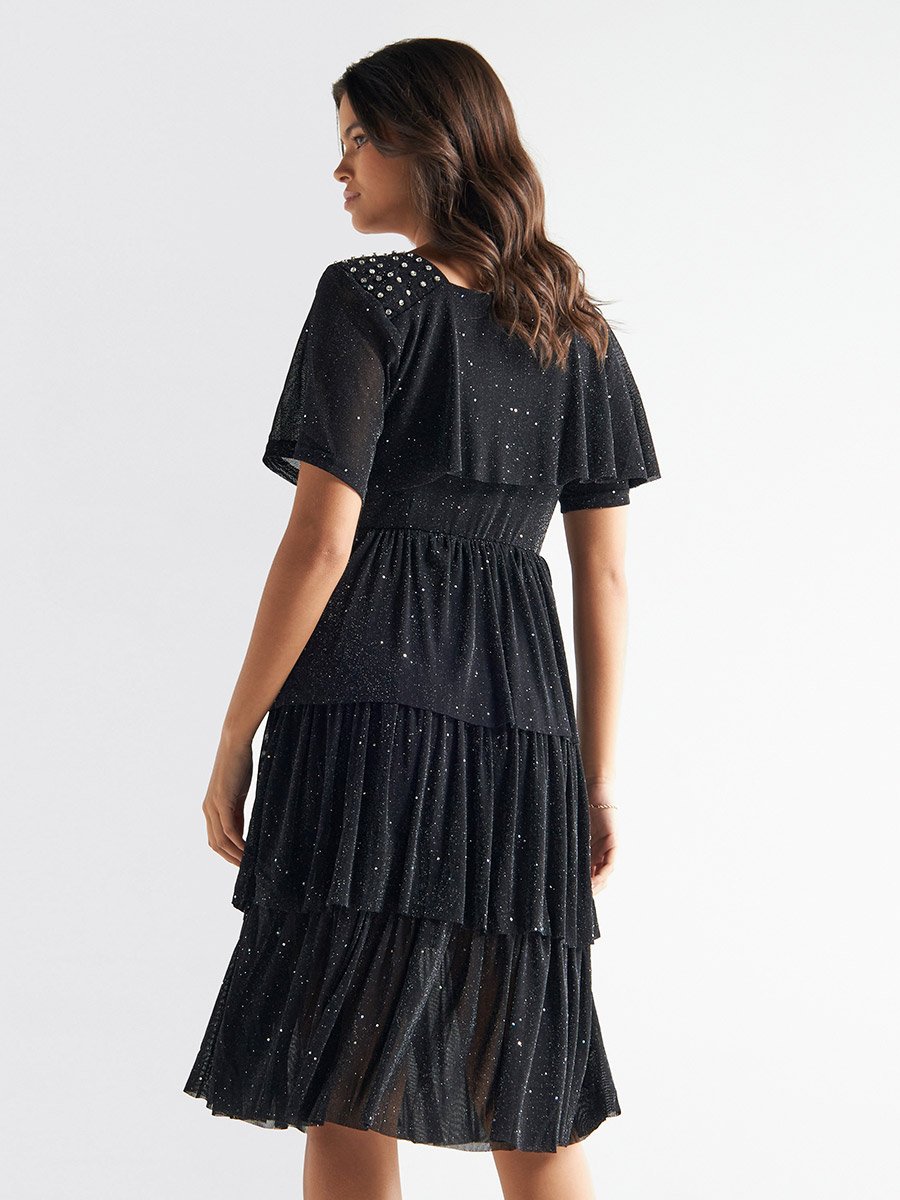 Embellished Ruffle Detail Layered Knee Length Dress For Women at Kuwait | Styli Embellished Ruffle Detail Layered Knee Length Dress For Women at Kuwait | Styli