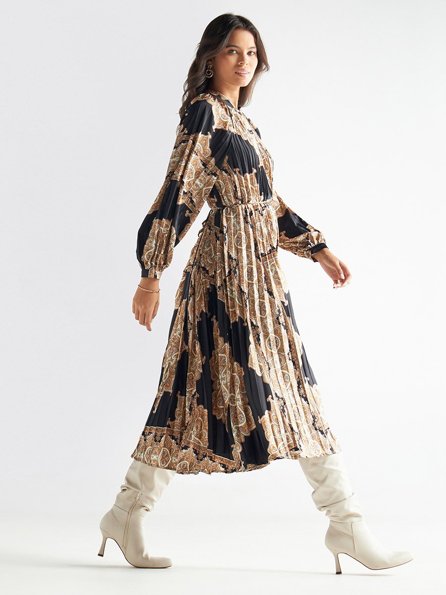 knee length dresses for ladies ODETTE SCARF PRINT MIDI DRESS IN TEAL  AKIRA