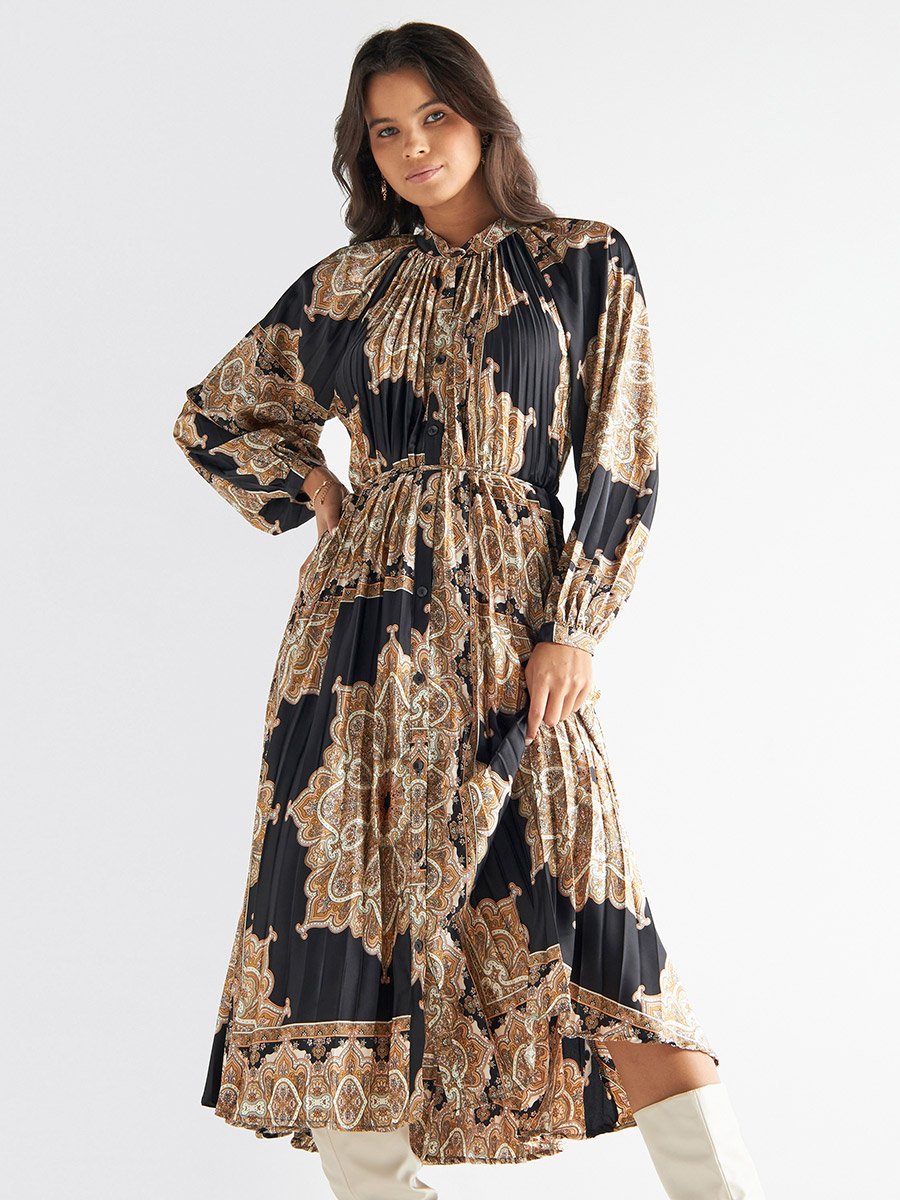 All Over Scarf Print Pleated Midi Dress For Women at Saudi | Styli
