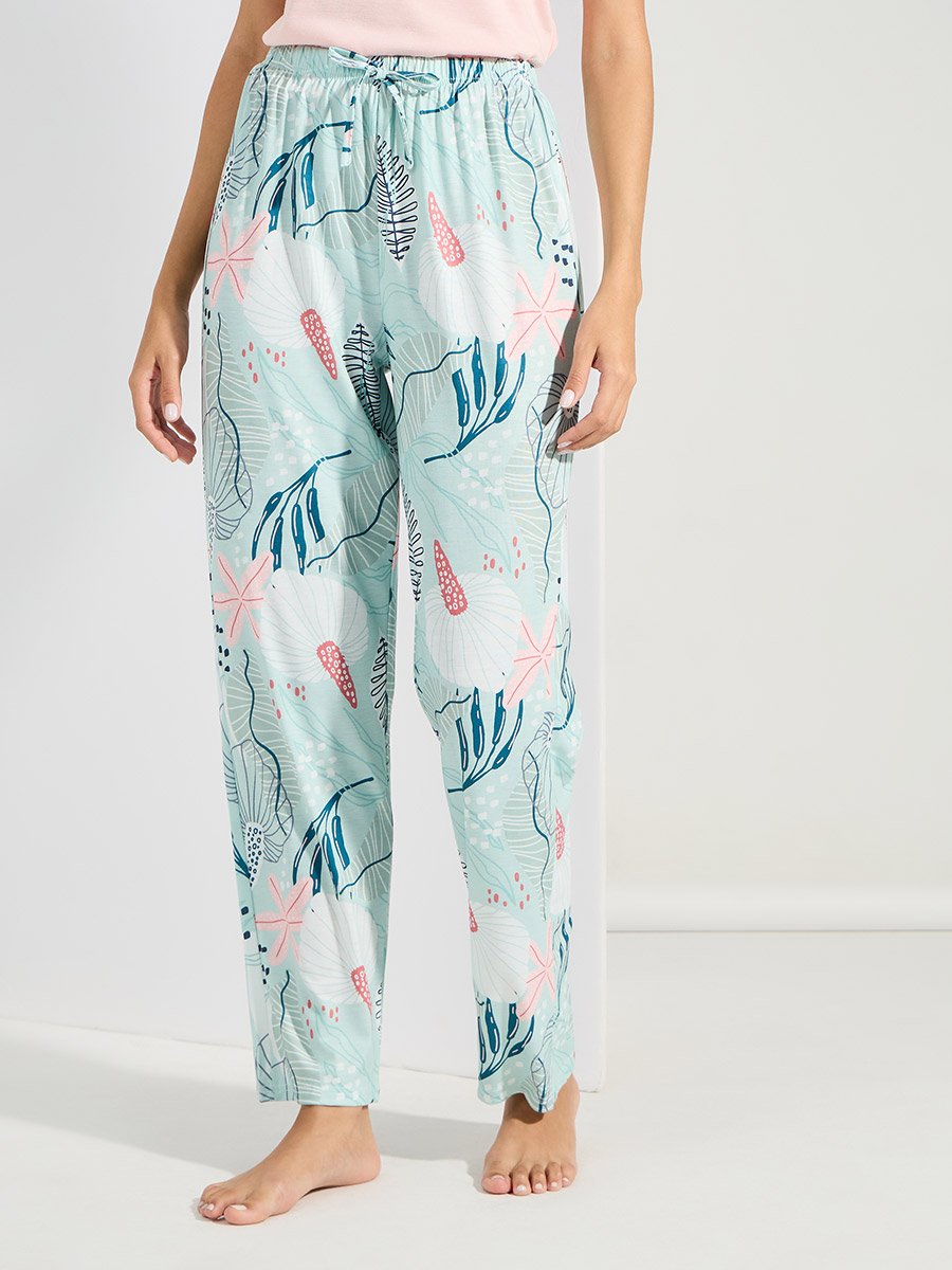 Solid Cami and Tropical Print Pyjama Set