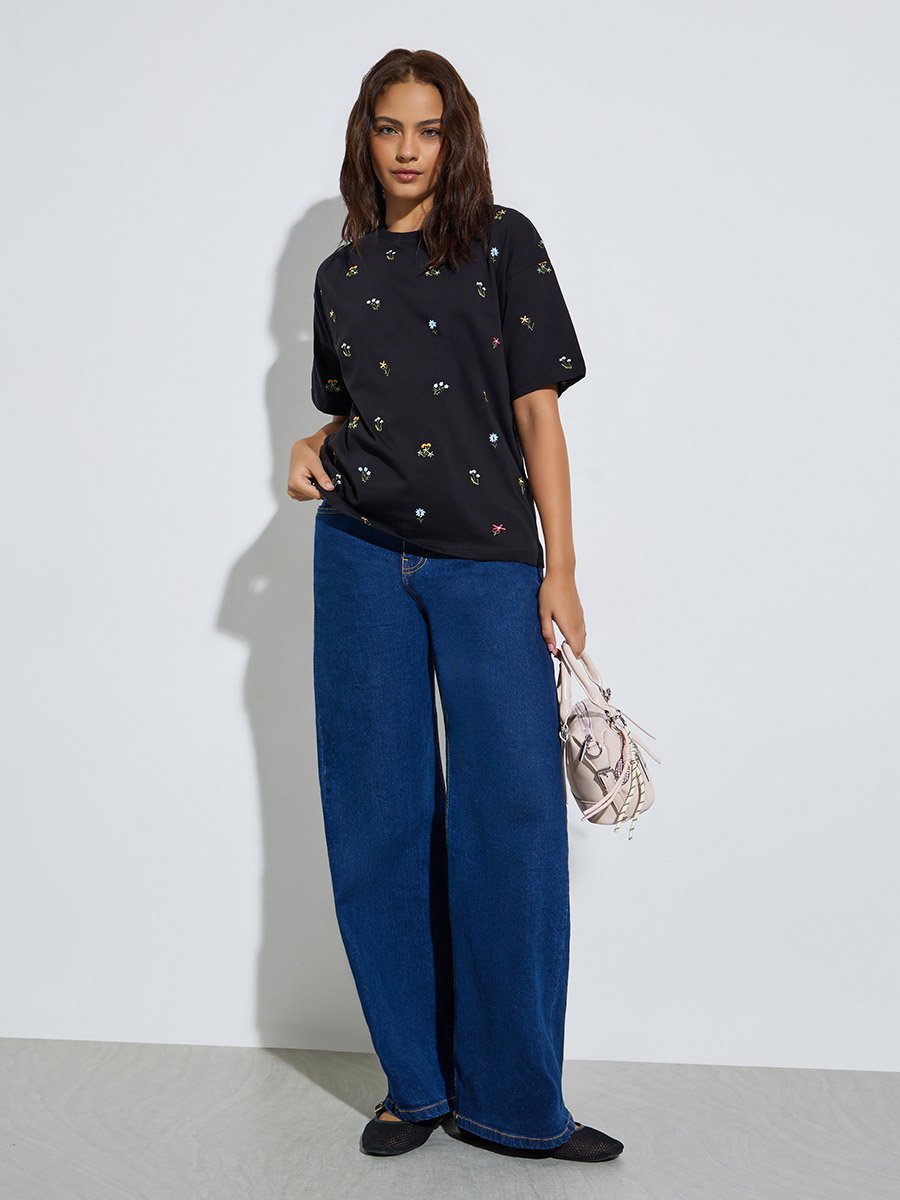 Oversized Embroidered Front 100% Cotton T-Shirt