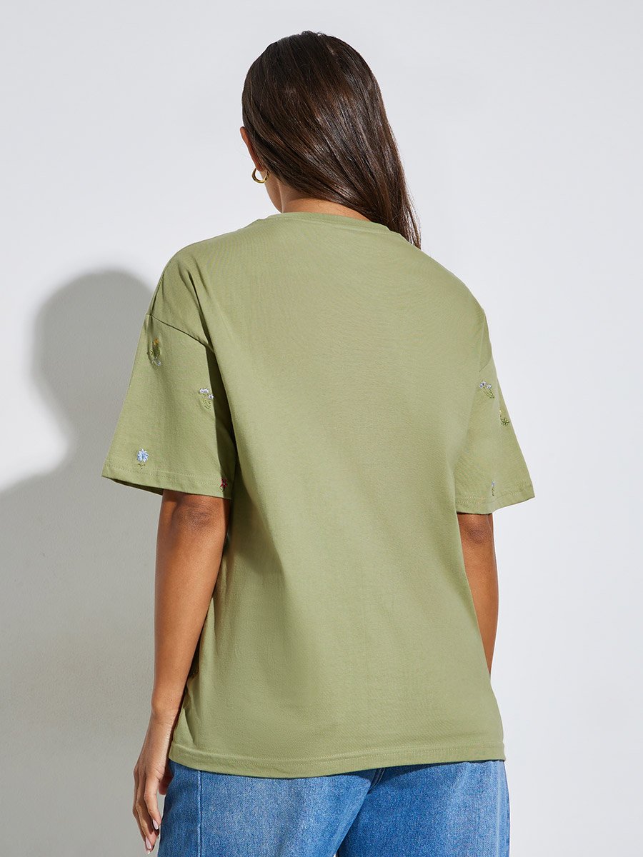 Oversized Floral Embroidered Front 100% Cotton T-Shirt