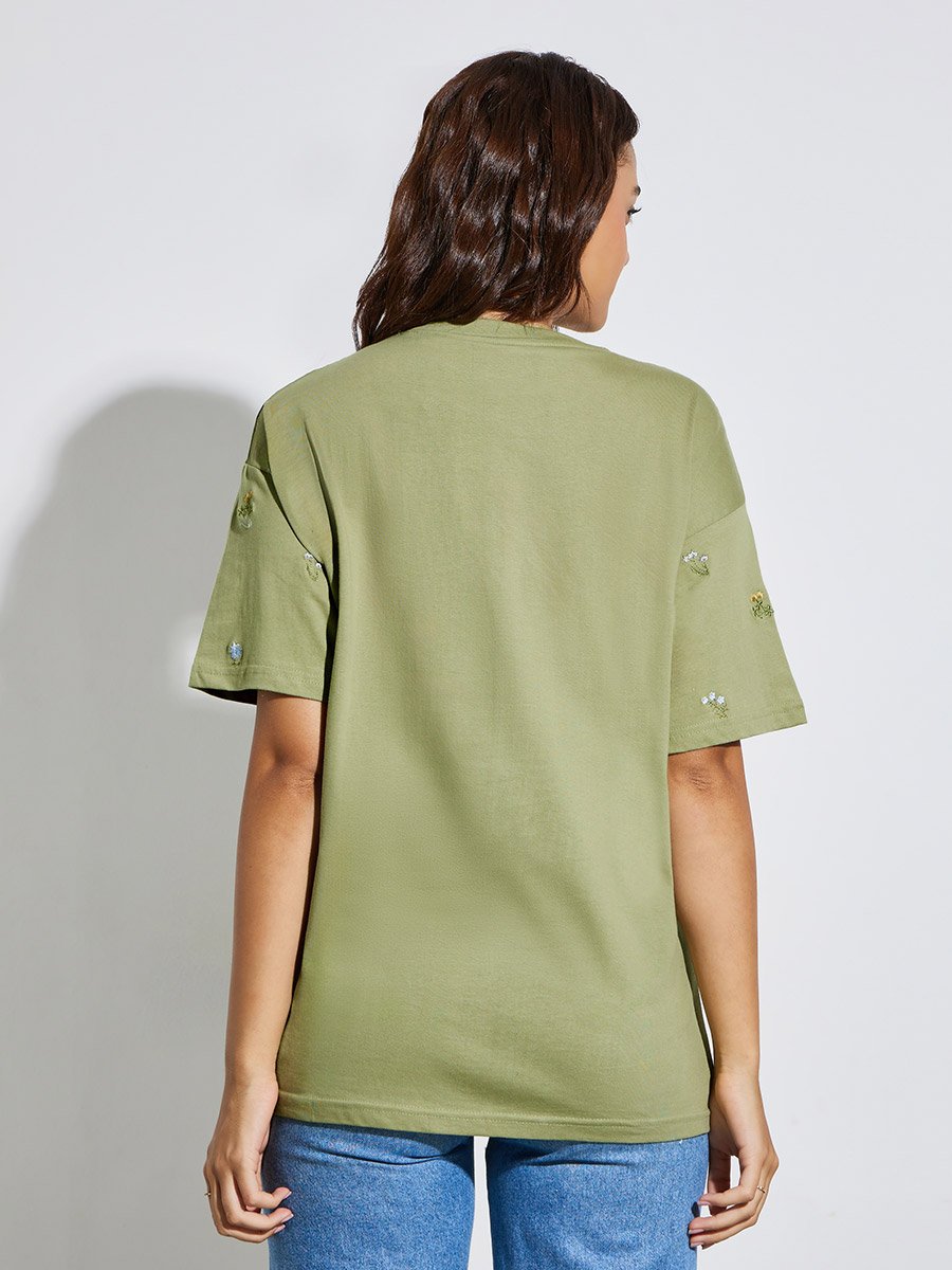 Oversized Floral Embroidered Front 100% Cotton T-Shirt