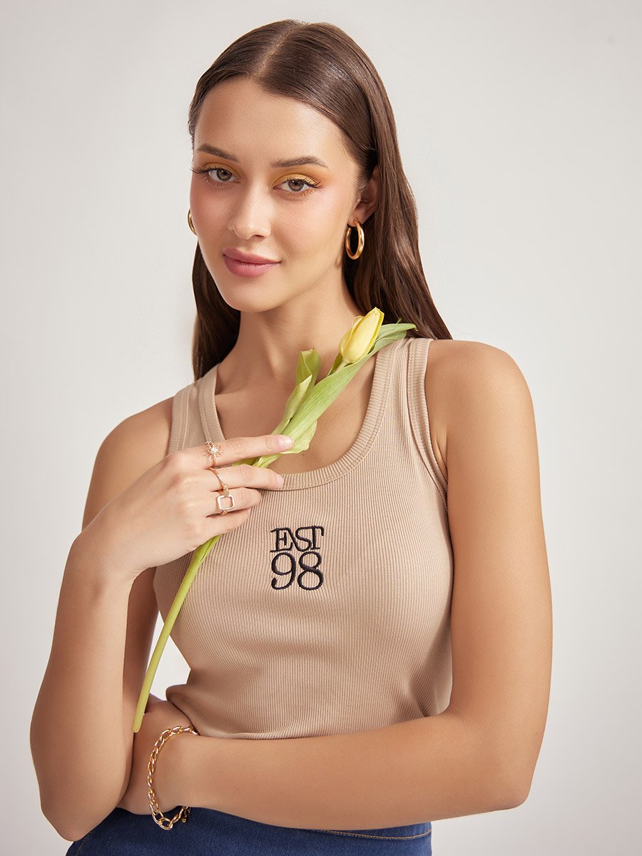 Fitted Est 98 Embroidered Ribbed Tank