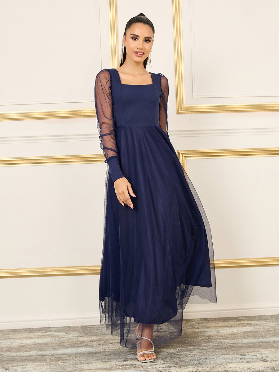 Mesh Layer A-line Maxi Dress For Women at Kuwait | Styli